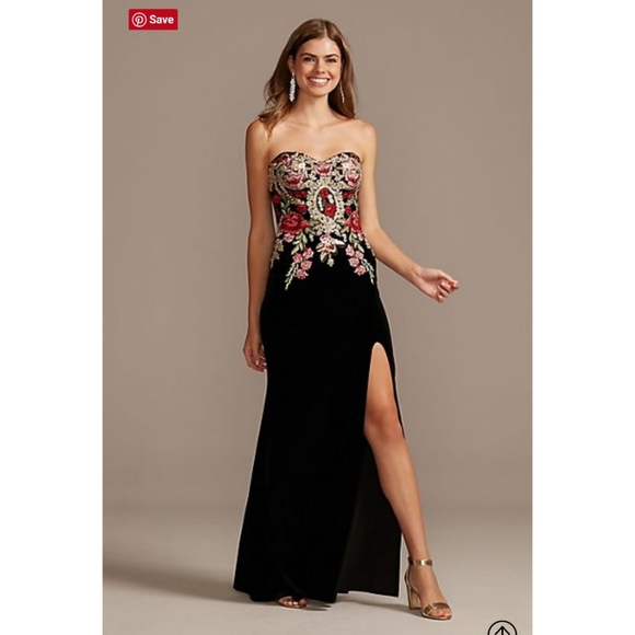 NEVER WORN! Black Velvet, Embroidered, Fitted Gown - Picture 2 of 7